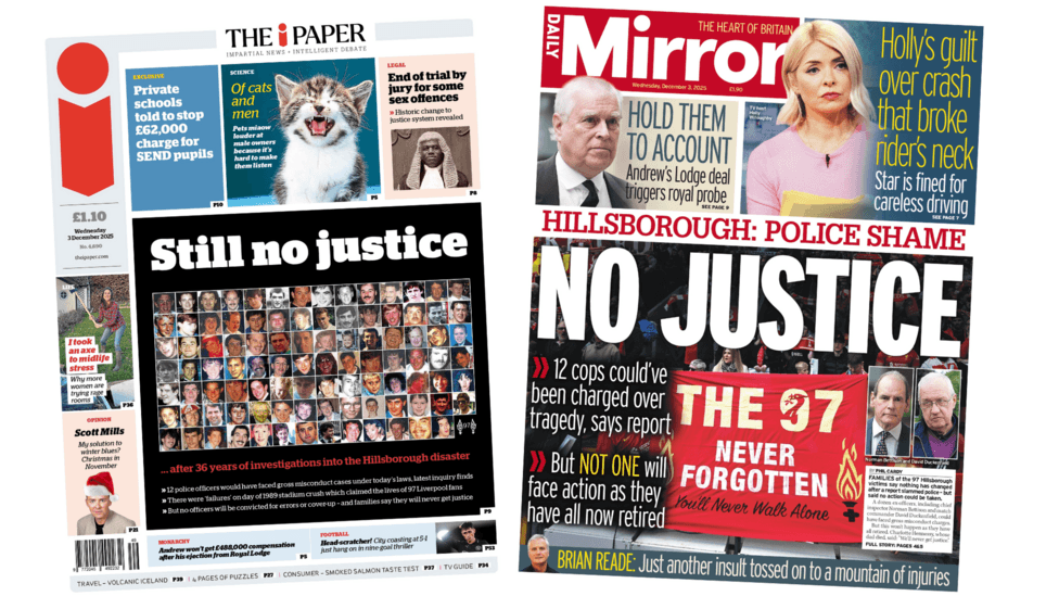 The Papers: 'No justice' over Hillsborough and 'Holly's guilt over crash'