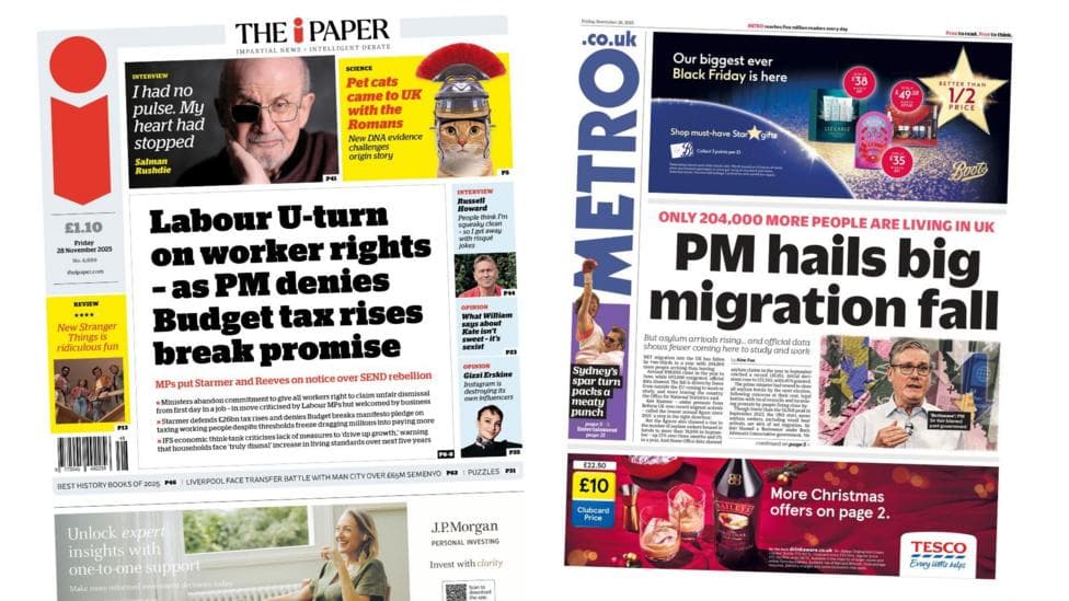 The Papers: 'U-turn on workers' rights' and 'big migration fall'