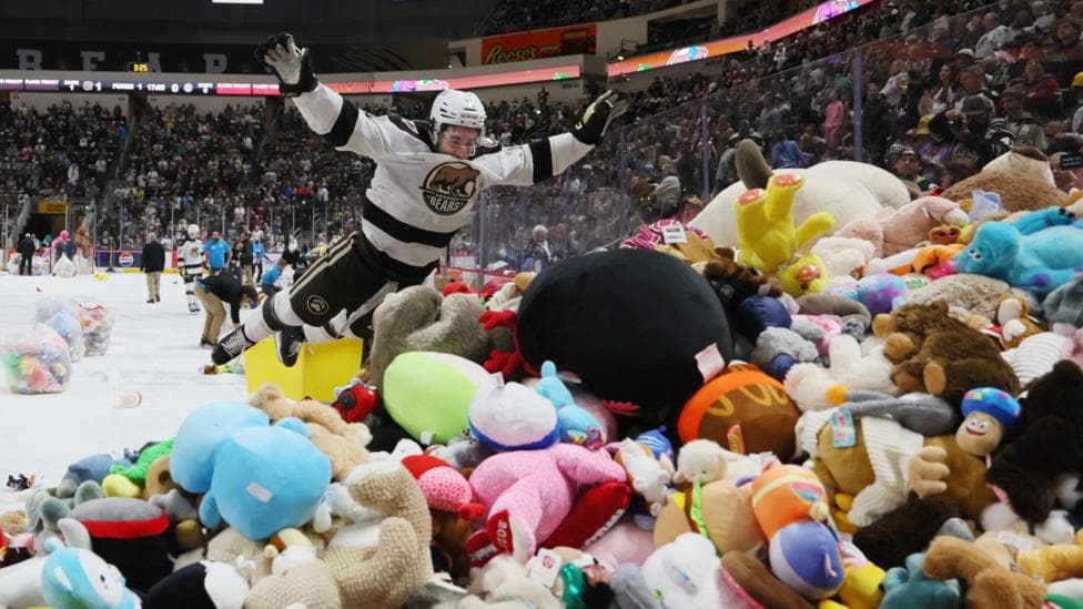 Watch: Moment more than 80,000 teddy bears fly onto ice rink
